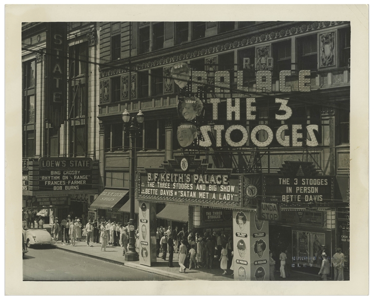 10 x 8 Glossy Photo of the RKO Place Theater in Cleveland, With The 3 Stooges Marquee, Promoting Their 1936 Stage Performance -- Very Good Condition